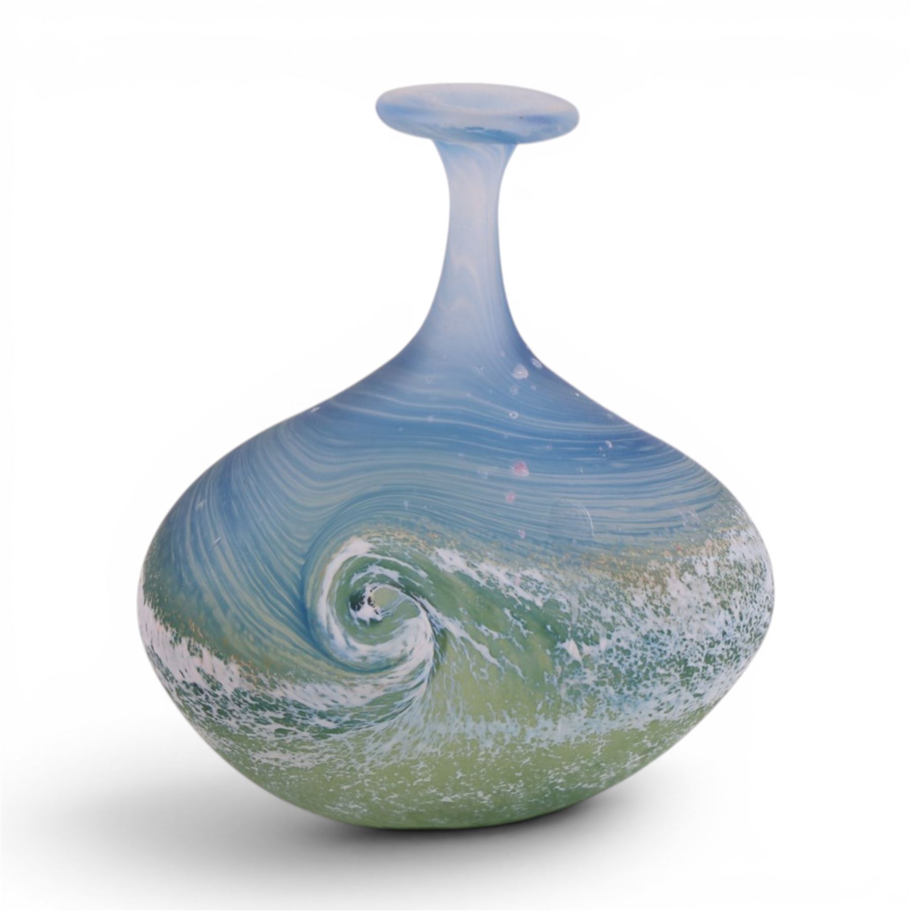 Art glass vases, of squat form with elongated neck, decorated with waves, together with another vase and a glass tray, largest H17cm