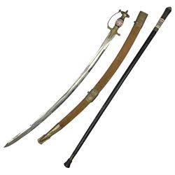Early 20th century Indian ebonised sword stick, the 59.5cm blade with punched decoration and horn grip L94cm overall; and a reproduction Indian tulwar with scabbard (2)