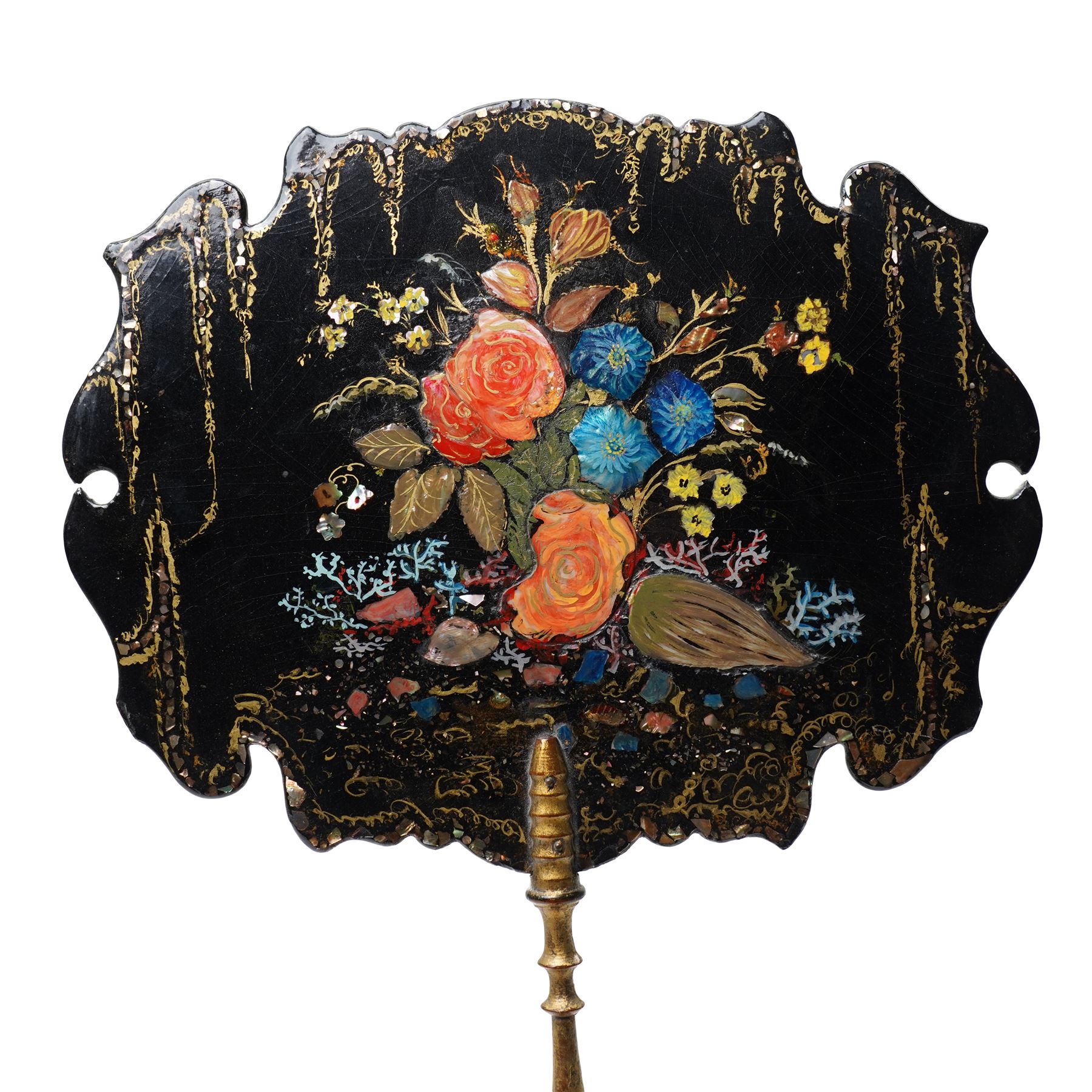 Pair of Victorian lacquered papier mache face screens, with inlaid mother of pearl decoration and painted with flowers, H39cm 