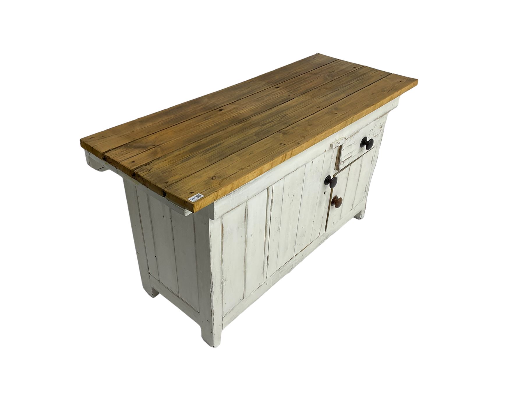 Distressed white painted pine sideboard, polished rectangular top over cupboards and drawer