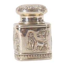Late 19th century German Hanau silver miniature novelty scuttle, of cylindrical form with side handle and swing handle, the body impressed with figural genre scene, with Hanau marks for Karl Kurz, and hallmarked Samuel Boyce, Chester 1902, with 'F' foreign import mark, not including handle H3.5cm, together with a late 19th century German Hanau silver miniature novelty tea caddy, of rounded cube form, the body impressed with figures at work in a countryside setting, with Hanau marks for Neresheimer & Sohne, and hallmarked B Muller & Son, Chester import 1907, and marked 925, H5cm