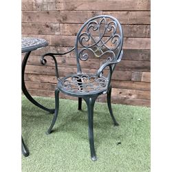 Green painted aluminium circular garden table and two chairs - THIS LOT IS TO BE COLLECTED BY APPOINTMENT FROM DUGGLEBY STORAGE, GREAT HILL, EASTFIELD, SCARBOROUGH, YO11 3TX