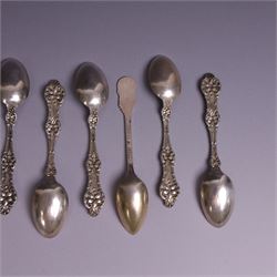 American silver tea and coffee spoons, comprising set of six coffee spoons with embossed lily decoration, set of six teaspoons with embossed rose decoration, both with engraved initials and a pair of Larkin coffee spoons, all stamped Sterling
