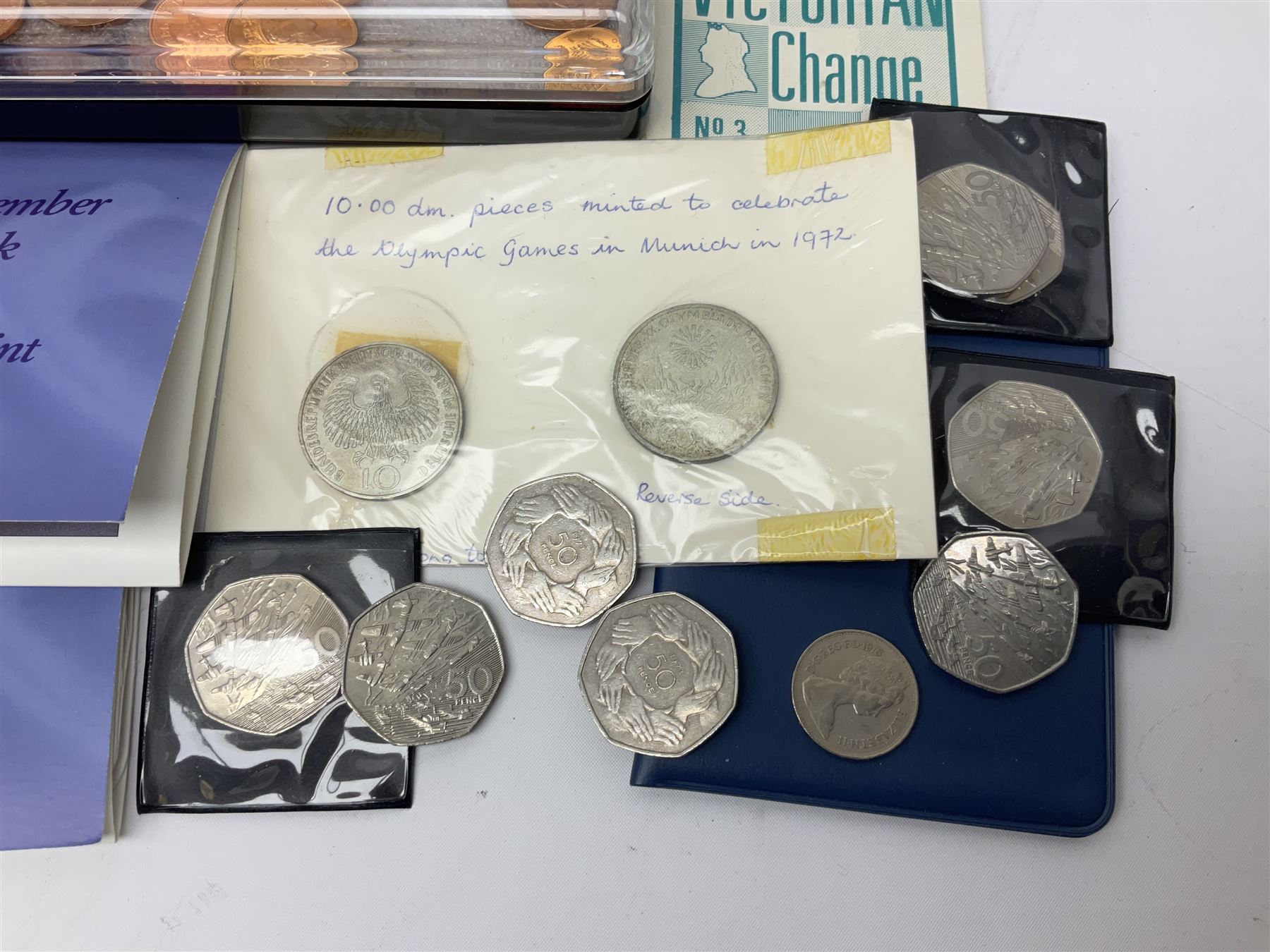 Great British and World coins, including small number of pre 1920 silver coins, pre-decimal coinage, commemorative crowns, Britain's first decimal coins sets in blue wallets, Swiss francs etc