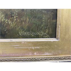 Albert Clark Snr. (British 1821-1909) and Albert James Clark (fl.1890-1943): 'Royal Sandy' Portrait of a Shire Horse in Landscape, oil on canvas signed  'Albert Clark and Son' and dated 1895, original artist's visiting card verso 50cm x 60cm