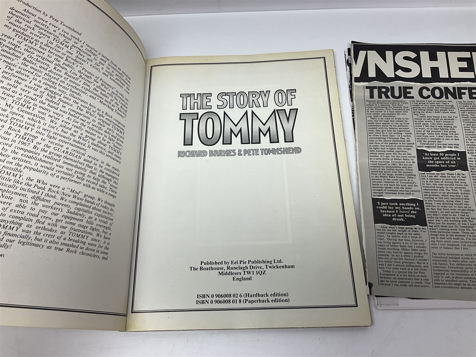 Pete Townshend 'The Who' - archive of correspondence with John Bycroft of Hull acknowledging receipt of various song lyrics sent by him to Townshend 1977 - 1982; comprising eighteen letters on varying letter heads including personalised; embossed; The Boathouse Ranelagh Drive Twickenham; No.2 The Embankment Twickenham; and Eel Pie Music; there are two undated manuscript letters signed Pete; and sixteen typed letters either signed Pete Townshend (3), Pete (4), Judi (Waring), Lin (Gibson) or Carla Rankine; together with The Story of Tommy by Richard Barnes and Pete Townshend and two other books on The Who.
