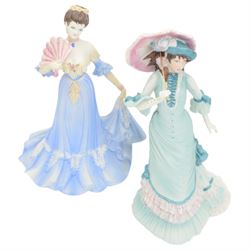 Eighteen Coalport Age of Elegance bisque figurines, including Brighton Promenade, Kensington Parade, Spring Pageant and Mandarin Crescent, mostly boxed