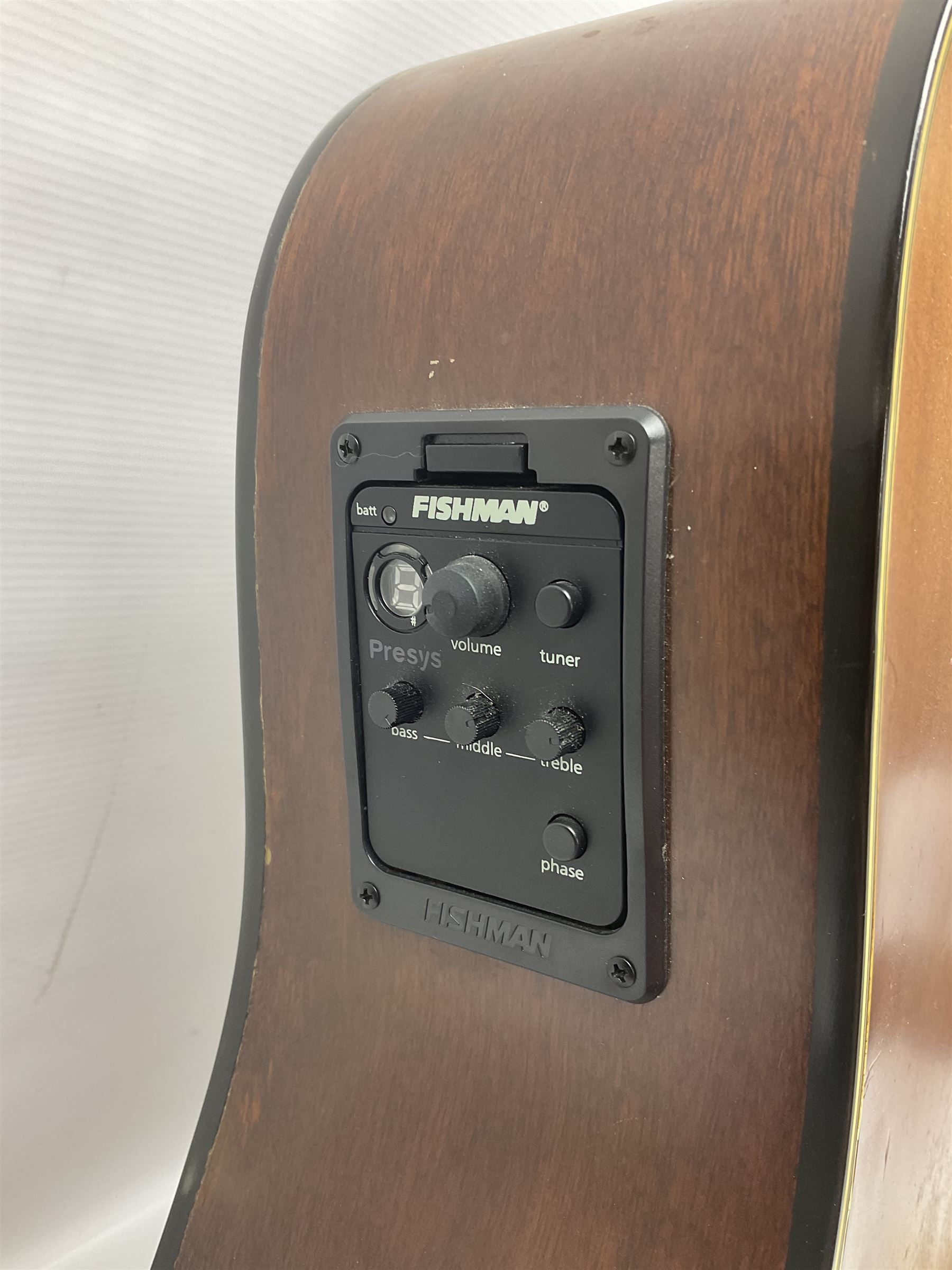 Tanglewood semi-acoustic guitar with Fishman preamp, mahogany back and solid cedar top L103cm; and a Rockbag electric guitar soft carrying case (2)