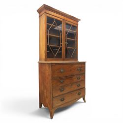 George III mahogany secretaire bookcase, the upper section with projecting cornice above astragal glazed doors, with three adjustable shelves, the lower section with secretaire drawer, fitted and with tooled leather writing surface, inlaid drawer fronts with brass handles, three graduating drawers below, raised on bracket feet