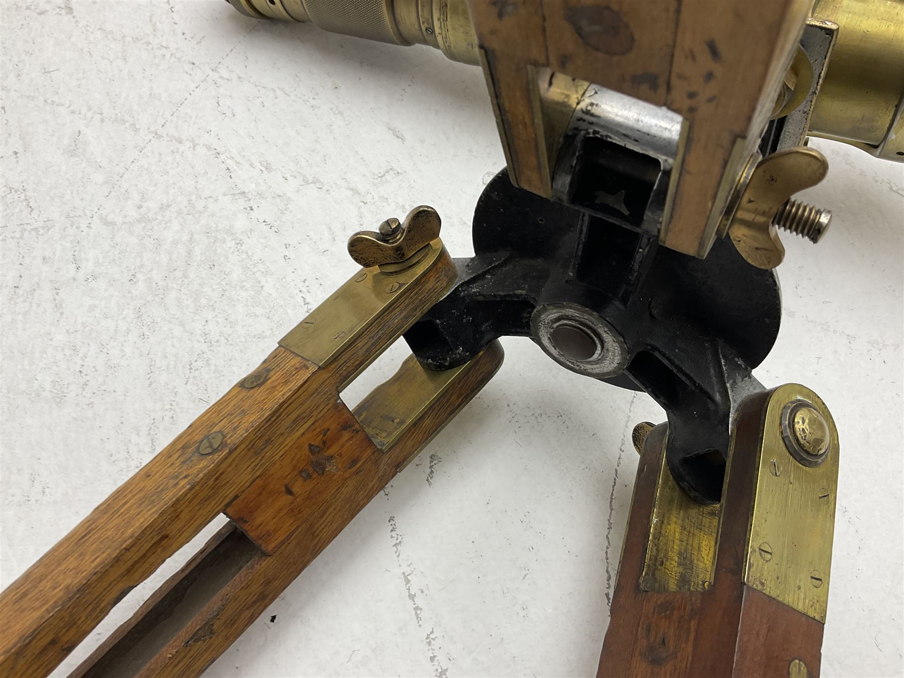 Early 20th century Ross London brass gunsight L67cm now as a telescope with Gaskell & Chambers bracket on hardwood and brass adjustable tripod marked 'Stands Inst No.16 Mk.1'