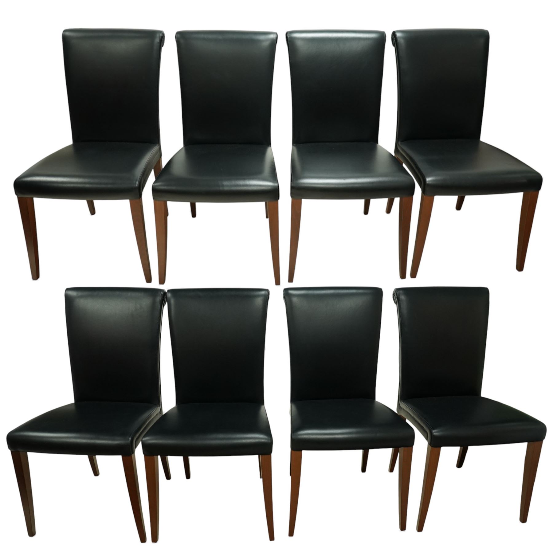 Poltrona Frau - set of eight ‘Vittoria’ dining chairs, each upholstered in black Pelle Frau leather with rolled top-cresting backs and saddle-stitched seams, raised on tapering stained beech supports