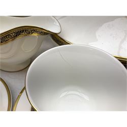 Royal Doulton Harlow pattern tea and dinner service for ten, consisting tea pot, coffee pot, milk jug, open sucrier, cups and saucers, dessert plates, dinner plates, soup bowls, side plates, sauce boat, covered serving dishes, meat plate (67)