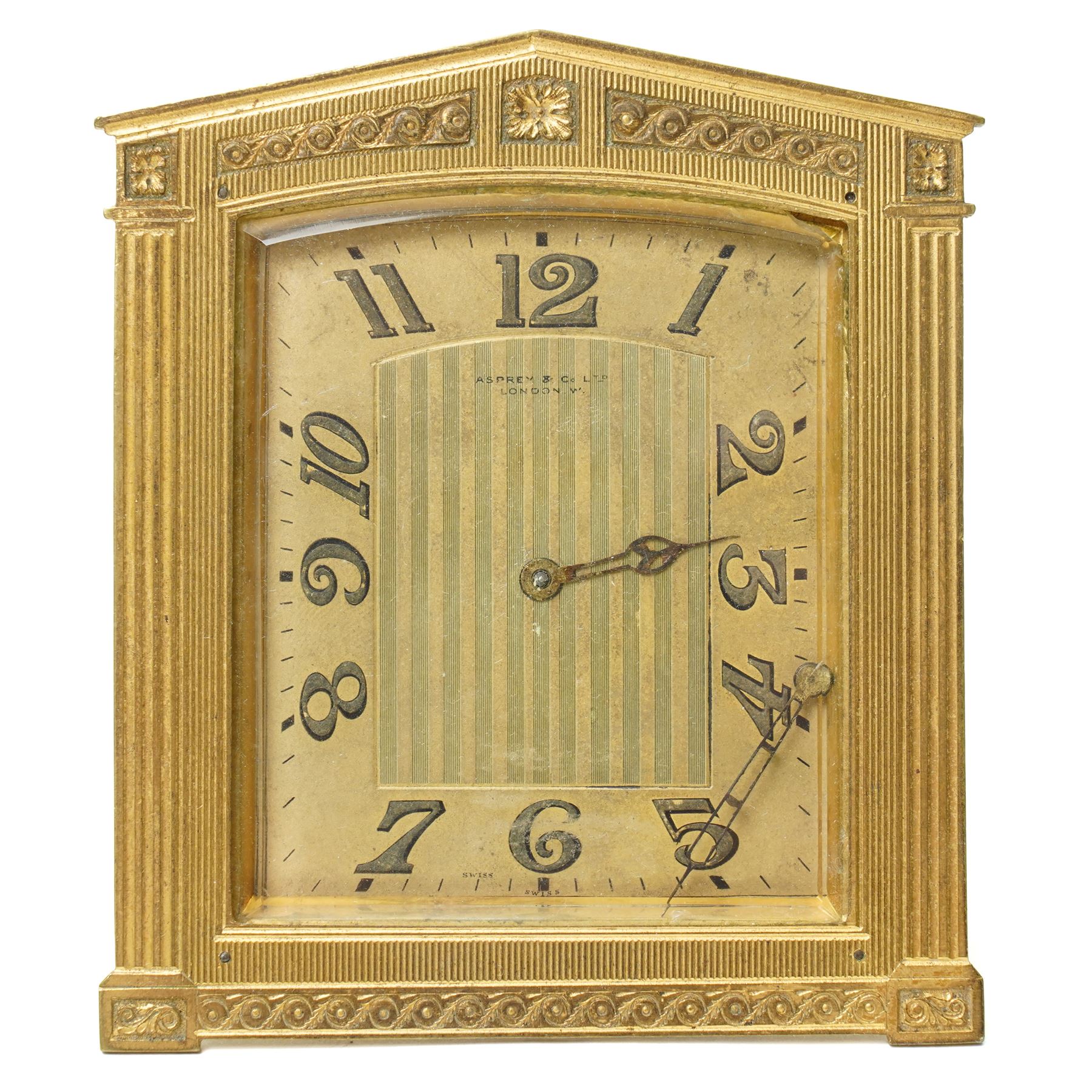 Concord & Co - Early 20th century Swiss travelling clock retailed by Asprey & Co, London in neo classical gilt metal case and outer leather travelling case No.2175694, clock size 9cm x 8cm