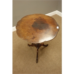  19th century mahogany wine table, shaped tilt top, on turned column with three weighted splayed legs, D57cm, H67cm  