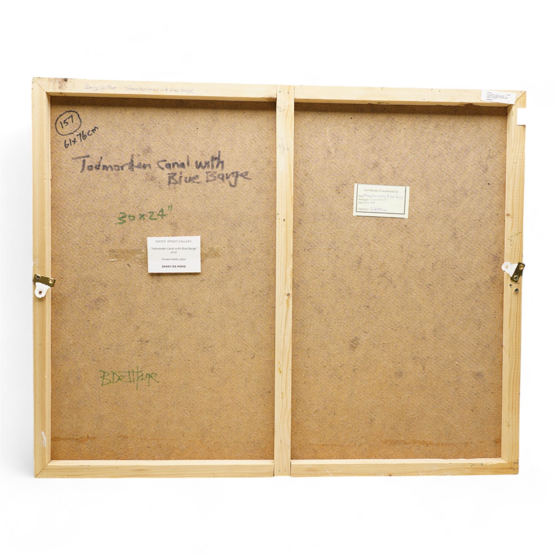 Barry De More (Yorkshire 1948-2023): 'Todmorden Canal with Blue Barge', oil and impasto on board signed, titled verso with Water Street Gallery label 61cm x 76cm
Notes: Acclaimed as one of the North's greatest expressionist artists, Barry De More (1948-2023) used a heavy impasto style to transfer his love of Yorkshire landscapes, townscapes and people to canvas. His work sits comfortably in the company of work by Kossoff and Auerbach, selling to collectors in the UK and overseas. De More's work can be found in the permanent collection of work by Northern Artists at Dean Clough, one of the UK's largest contemporary art galleries.