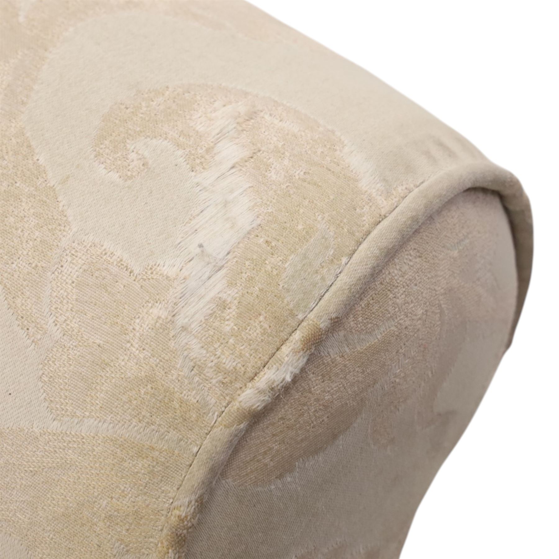 Duresta England - armchair upholstered in beige damask fabric, with deep seat and button back, loose seat cushions with scrolled arms, raised on brass castors
