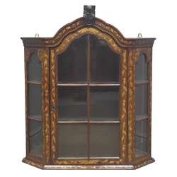  19th century Dutch marquetry wall hanging cabinet, inlaid with trailing foliage, enclosed by single glazed door, two shaped shelves, W84cm, H96cm  