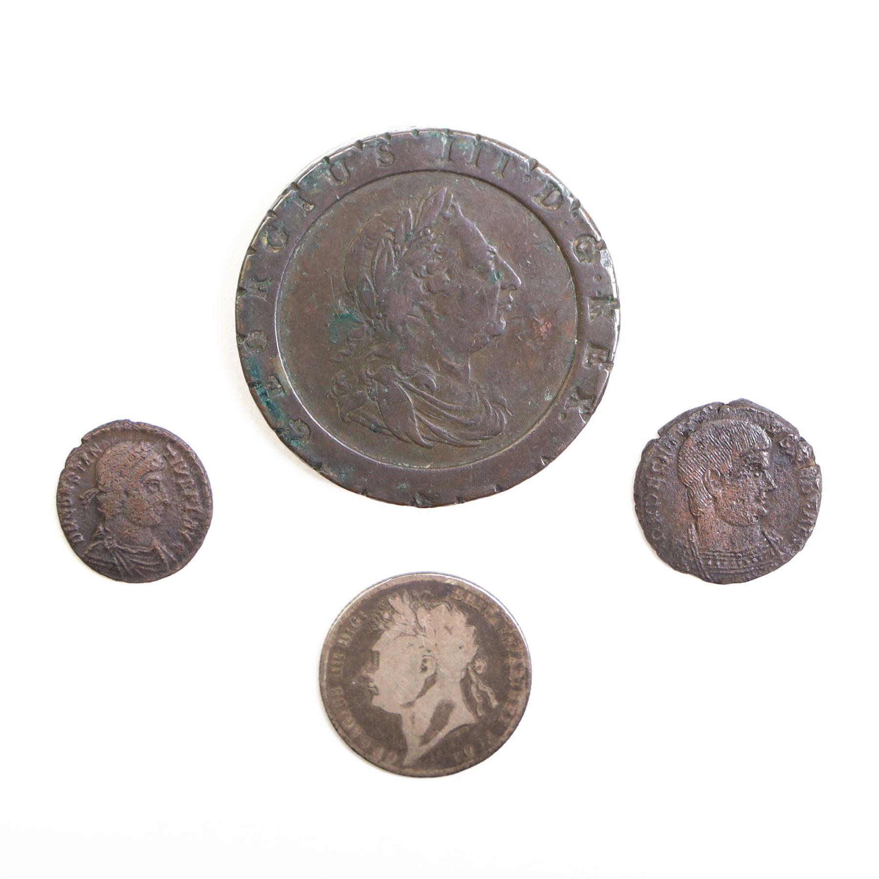 George IV 1821 silver shilling coin, George III 1797 'cartwheel' twopence, Decentius coin, and Constantius II coin (4)