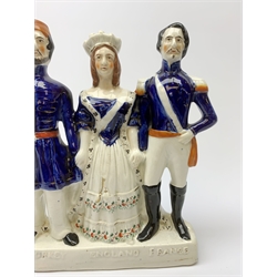 A 19th century Staffordshire pottery figure, modelled as Wellington, H19cm, together with a Staffordshire pottery figure group, Turkey, England, France, H28cm. 