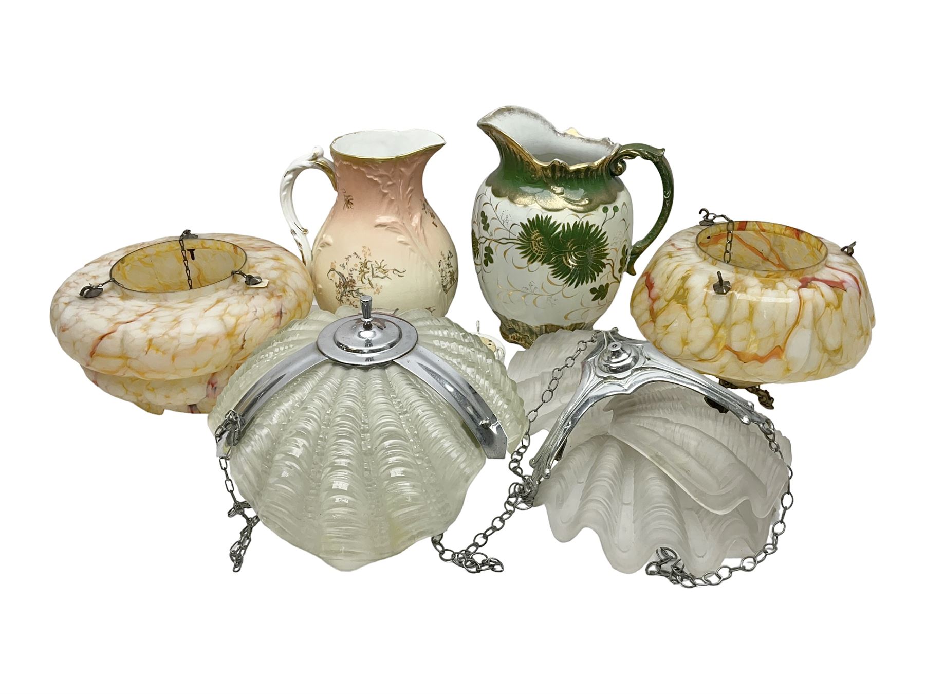 Two Art Deco mottled glass fly catcher ceiling light shades, together with two other 1930s moulded glass ceiling light shades and two Victorian style wash jugs, largest shade D33cm