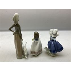Collection of Lladro figures comprising May Flowers no. 5467, Pretty Pickings no. 5222, Girl with Geese no. 1035, together with four Lladro swan figures, all with printed and impressed marks beneath (7)