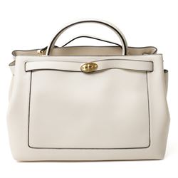 Mulberry - Islington handbag in Chalk Silky Calf leather with black piping, the structured body with single rolled top handle, gold-tone Postman’s Lock fastening and front strap detail, with detachable and adjustable shoulder strap, opening to a spacious two-division interior with Mulberry monogram fabric lining, with original Mulberry product tag, care booklet and dust bag, unused