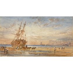 George Weatherill (British 1810-1890): Beached Sailing Vessel at Low Tide Upgang Whitby, watercolour signed 12cm x 20.5cm