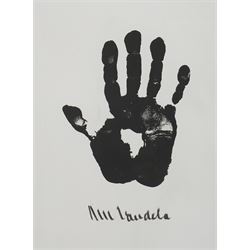 Nelson Rolihlahla Mandela (South African 1918-2013): 'Hand of Africa', monochrome lithograph signed and numbered 455/1000 in pencil with blindstamp 63cm x 48cm