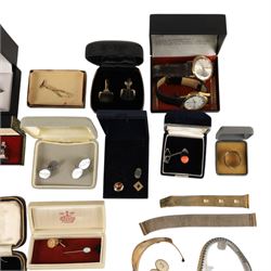 9ct gold shirt stud and opal stick pin, Sif Jakobs silver ring, silver spoon and a collection of costume jewellery cufflinks, tie clips etc