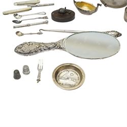 Silver sugar bowl, engine turned silver ashtray, silver napkin ring, silver backed mirror, two silver bladed and mother of pearl fruit knives etc