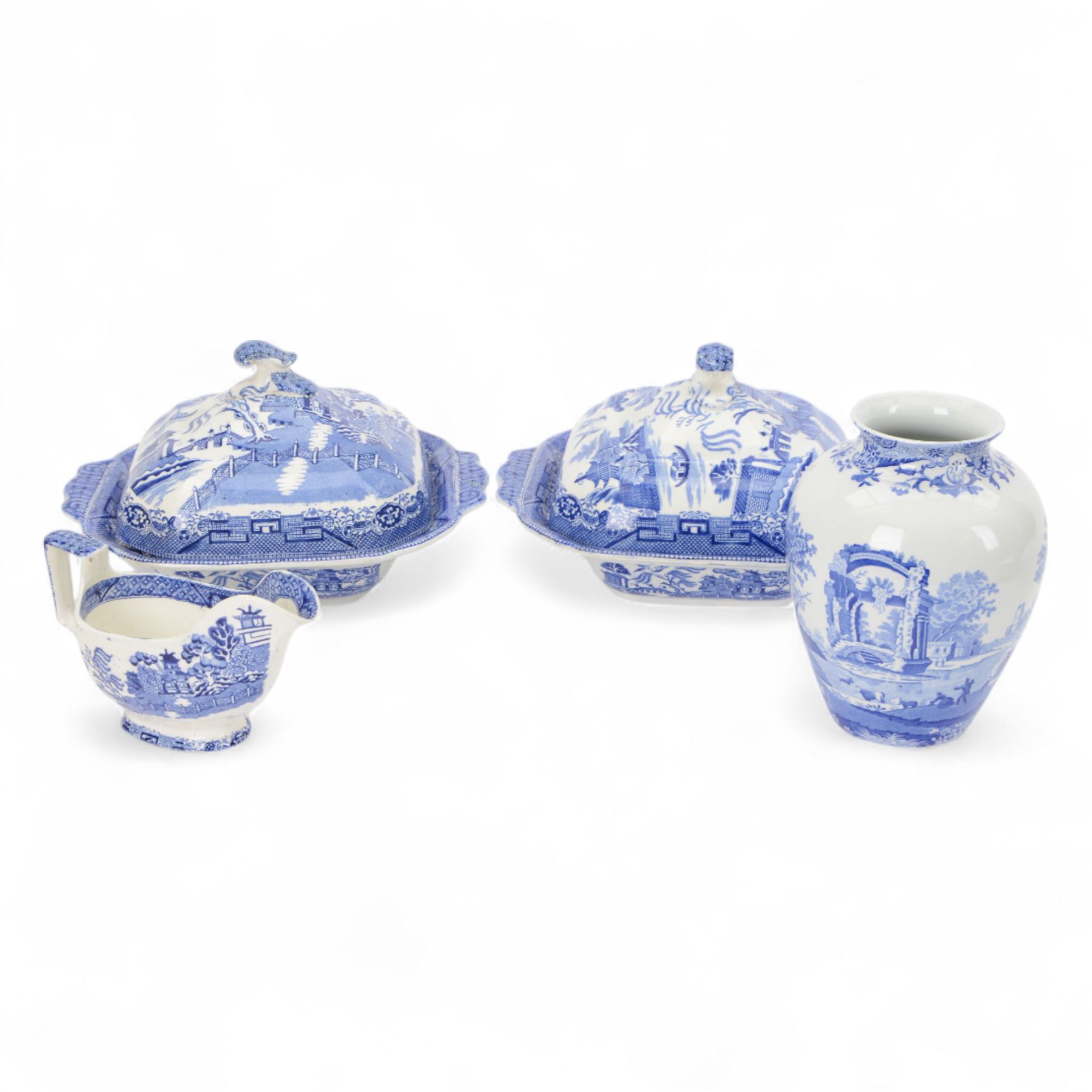 Pair of Davenport Willow pattern tureens together with Davenport jug and Spode Italian pattern vase 