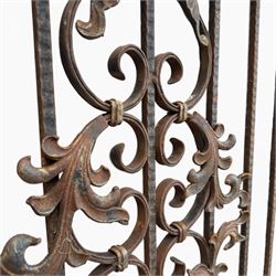 Victorian wrought iron vineyard gate, with ornate scrollwork and foliate acanthus leaf decoration, shaped cresting and central decorative panel, finished in rustic black painted finish