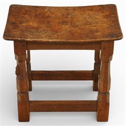 Mouseman - circa 1927 burr oak joint stool, with dished top, on chamfered octagonal supports, with  carved mouse signature, by Robert Thompson of Kilburn