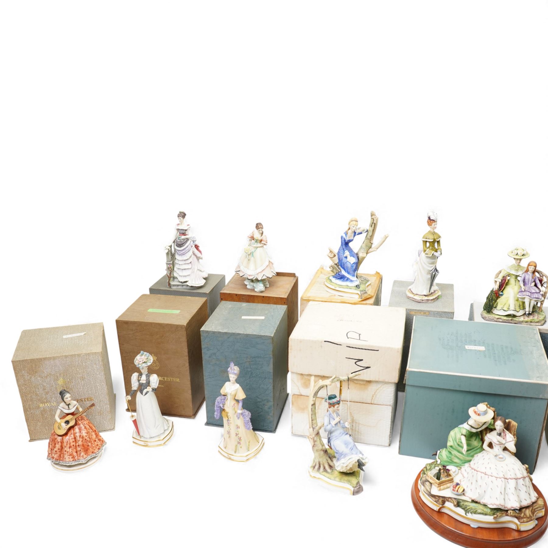 Collection of twenty Royal Worcester 'Victorian Series' figures modelled by Ronald and Ruth Esther Van Ruyckevelt including Tea Party, Picnic, Charlotte and Jane, Alice and others, mostly boxed and with certificates (20)