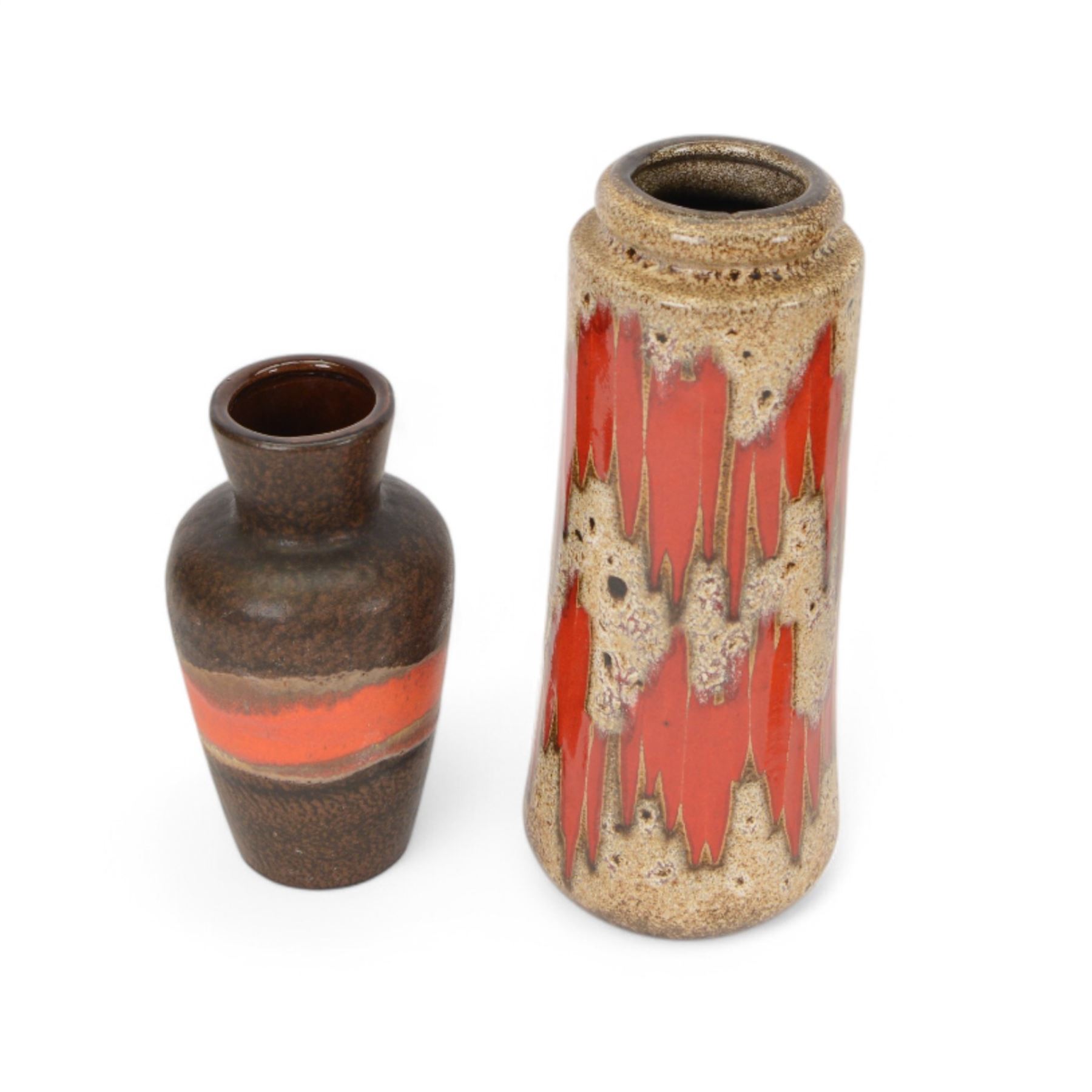 Six West German and similar vases, including lava example and orange bottle neck example, tallest H26cm