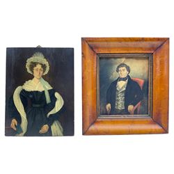 English School (19th century): Portrait of an Aristocratic Lady, oil on panel unsigned 23cm x 18cm; Portrait of a Gentleman, watercolour by another hand unsigned 15cm x 13cm in bird's eye maple frame (2)