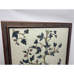 Framed crewelwork embroidered panel, decorated with flowering foliage, H100cm