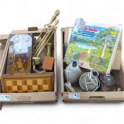 Collection of metalware, including brass weights, fireside tools, sauce boat, etc, togethe...