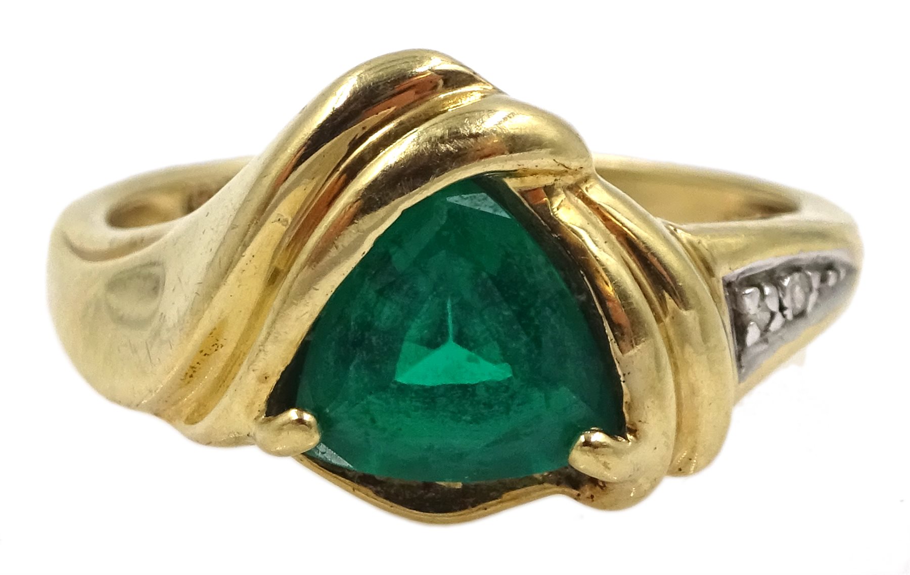 Gold green stone set ring, with diamond set shoulder, stamped 10K