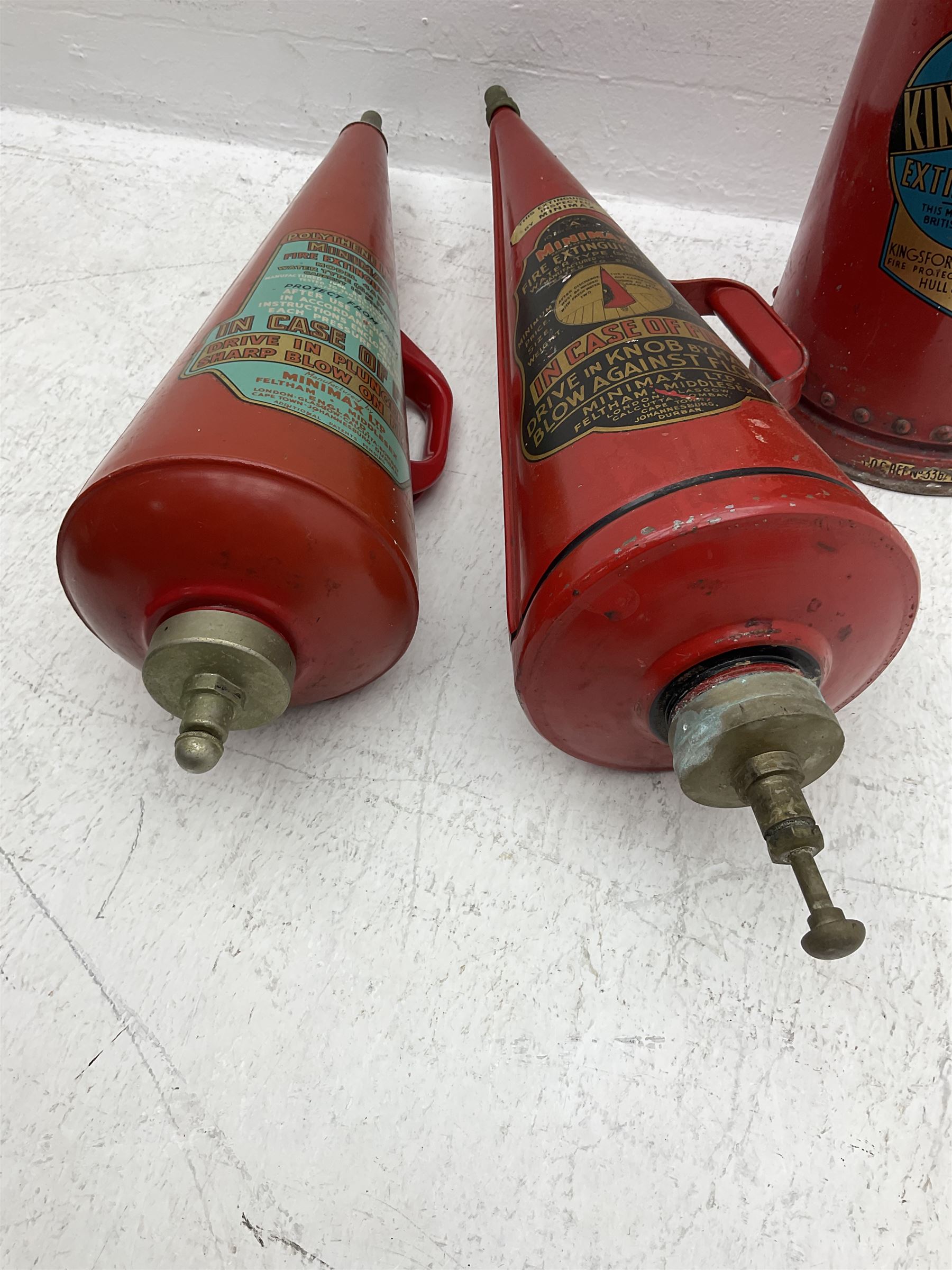 Kingsford fire extinguisher of riveted conical form, dated 1965