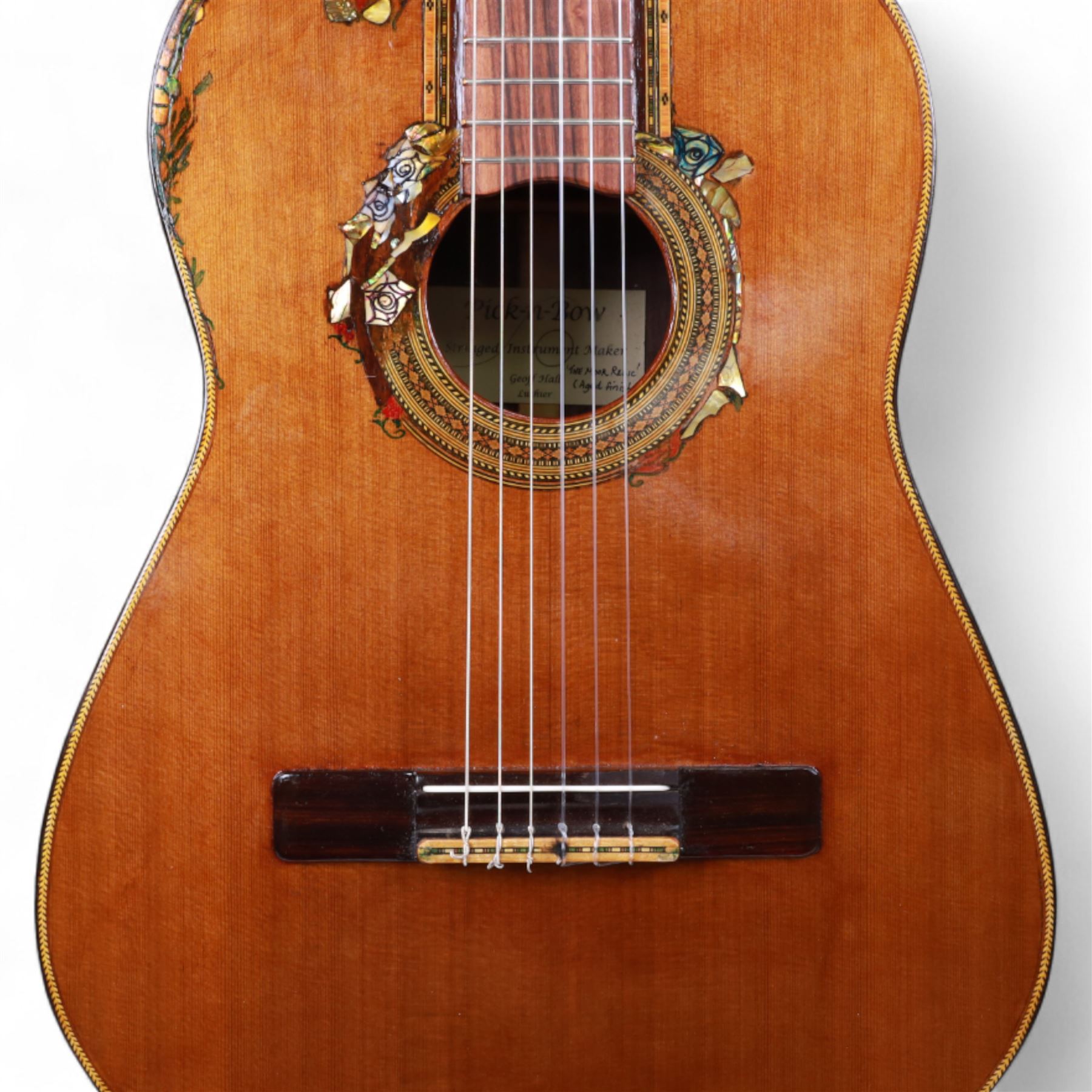 'The Moor Relic' classical guitar, with aged finish and abalone inlay, made by Geoff Hall, stringed instrument maker