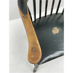 19th century ash and beech Windsor chair, high hoop and stick back, turned supports with H stretcher, green paint finish 