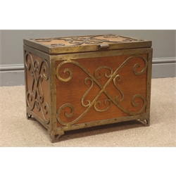  Matched pair of early 20th century brass bound oak rectangular Coal Boxes, with brass scrollwork and feet, tin liners, W48cm, H34cm, W30cm, max (2)  