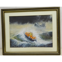  David Biglands (Northern British late 20th century): 'Into the Storm' - Whitby Lifeboat on a Rescue, gouache on paper signed, titled verso  21cm x 29cm   
