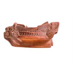 19th century treen snuff box in the form of a ship, with carved detail including windows and mythical figures, L15cm, H6cm