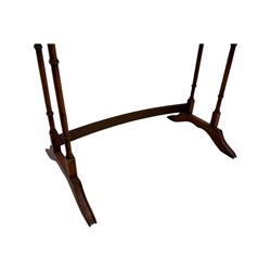 Pair of early 20th century mahogany side tables, each with rectangular tops, raised on turned supports joined by curved stretchers, terminating in splayed feet; mahogany fire screen, rectangular frame housing needlepoint floral panel, on shaped supports (3)