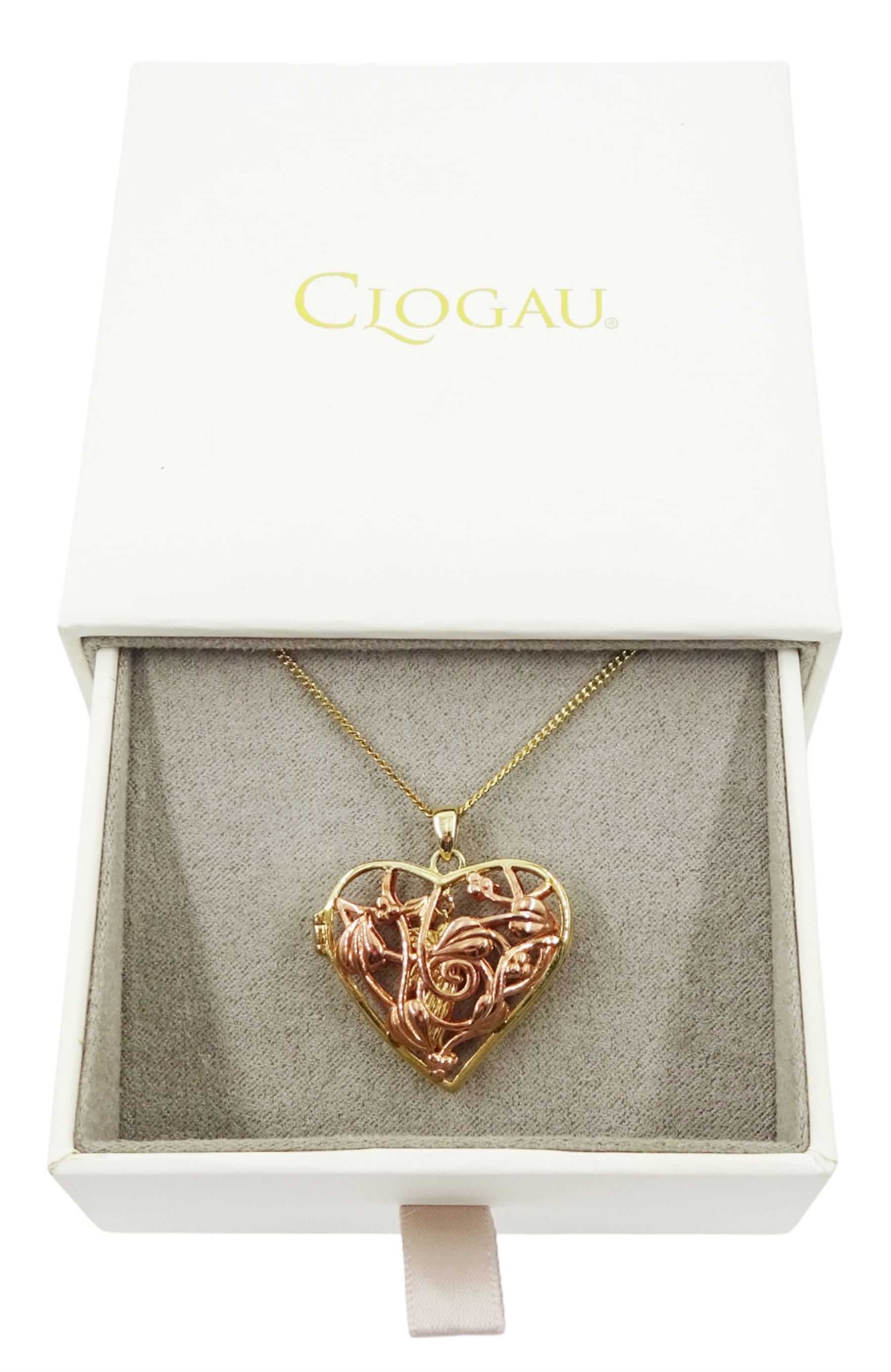 Clogau 9ct rose and yellow gold fairy open heart fairy locket pendant necklace, hallmarked, boxed