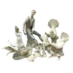 Large Lladro figure, Woodcutter no.4656, together with Porceval figure of three doves, three Nao figures and one other