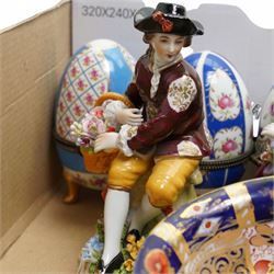 Silver bottle coaster, four limoges egg trinket boxes, two sitzendorf figures, and a Pointons imari trio