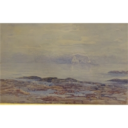  'The Bass Rock', watercolour indistinctly signed verso, Figures by a Lake, 20th century watercolour signed Jelbert, 'Cold and Wet in Bastogne', watercolour signed J. F. Wilmott etc max 34cm x 46cm(5)  